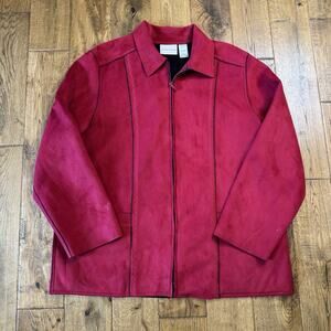 Alfred Dunner Faux Suede Red Coat Jacket Womens Sz 16 Full Zip Embroidered